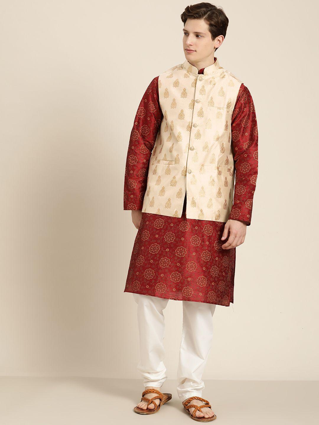 sojanya men maroon & gold floral print straight kurta churidar & woven design nehru jacket