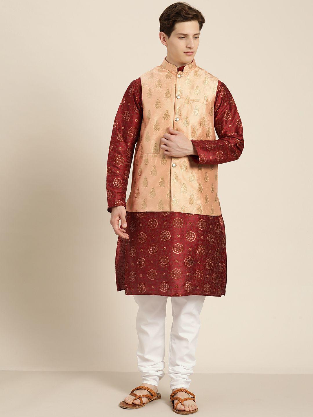 sojanya men maroon & gold floral straight kurta churidar woven design nehru jacket