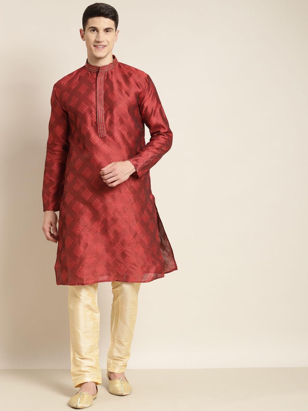 sojanya men maroon & golden ethnic motifs kurta