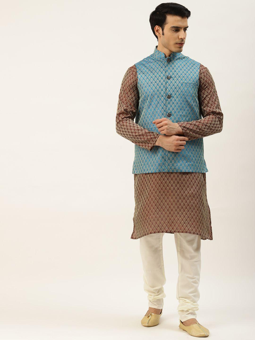 sojanya men maroon & golden self design kurta with churidar & nehru jacket