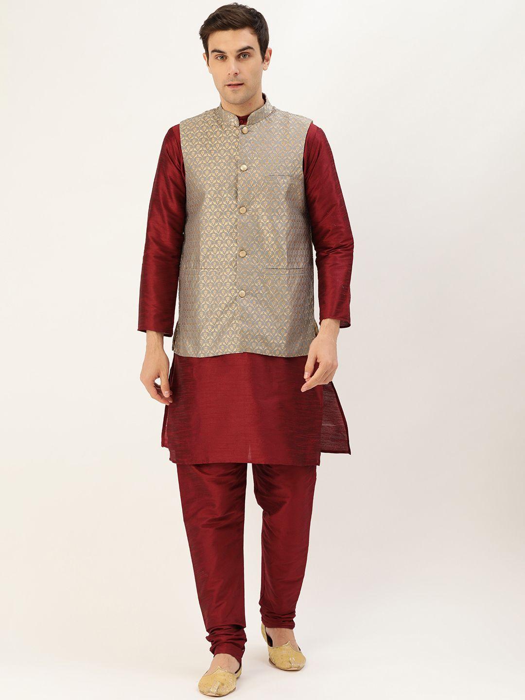 sojanya men maroon & grey solid kurta with churidar & nehru jacket