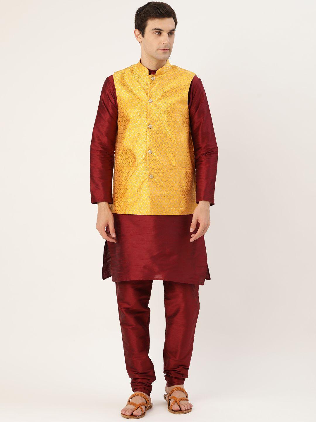 sojanya men maroon & mustard yellow solid kurta with churidar & nehru jacket