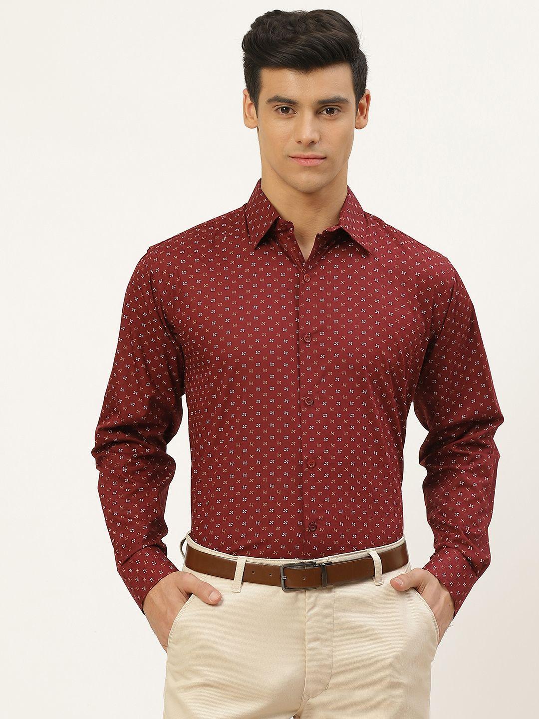 sojanya men maroon & off-white classic regular fit ditsy print formal shirt