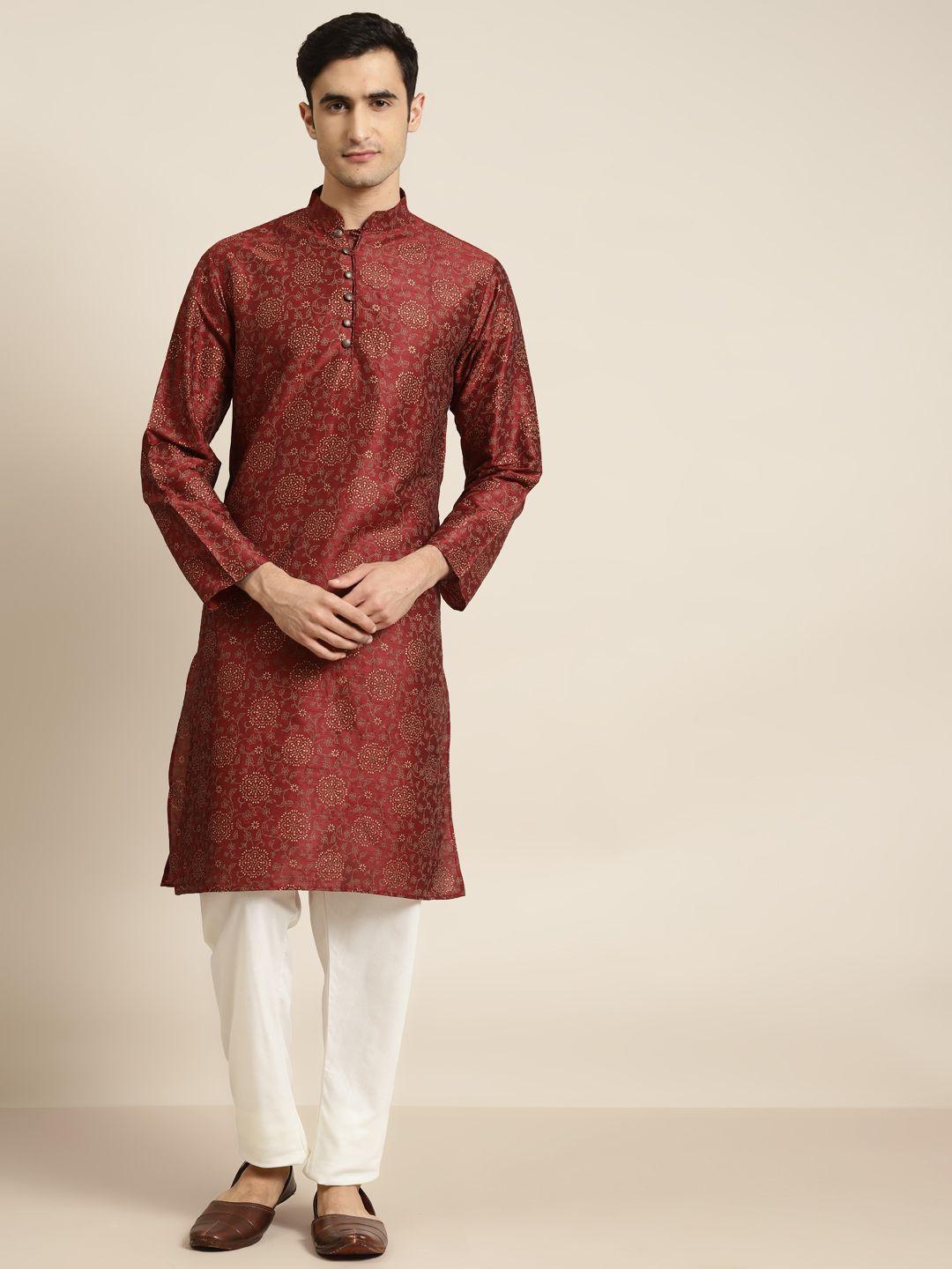 sojanya men maroon & off-white printed kurta with pyjamas