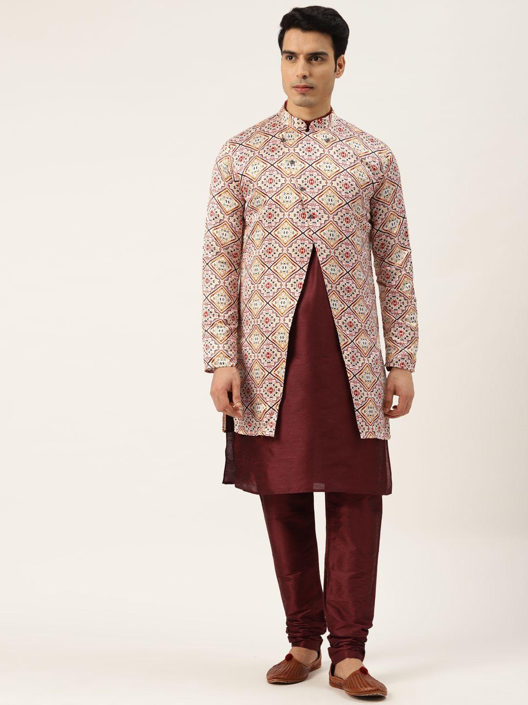sojanya men maroon & off-white solid kurta pyjama & printed sherwani set