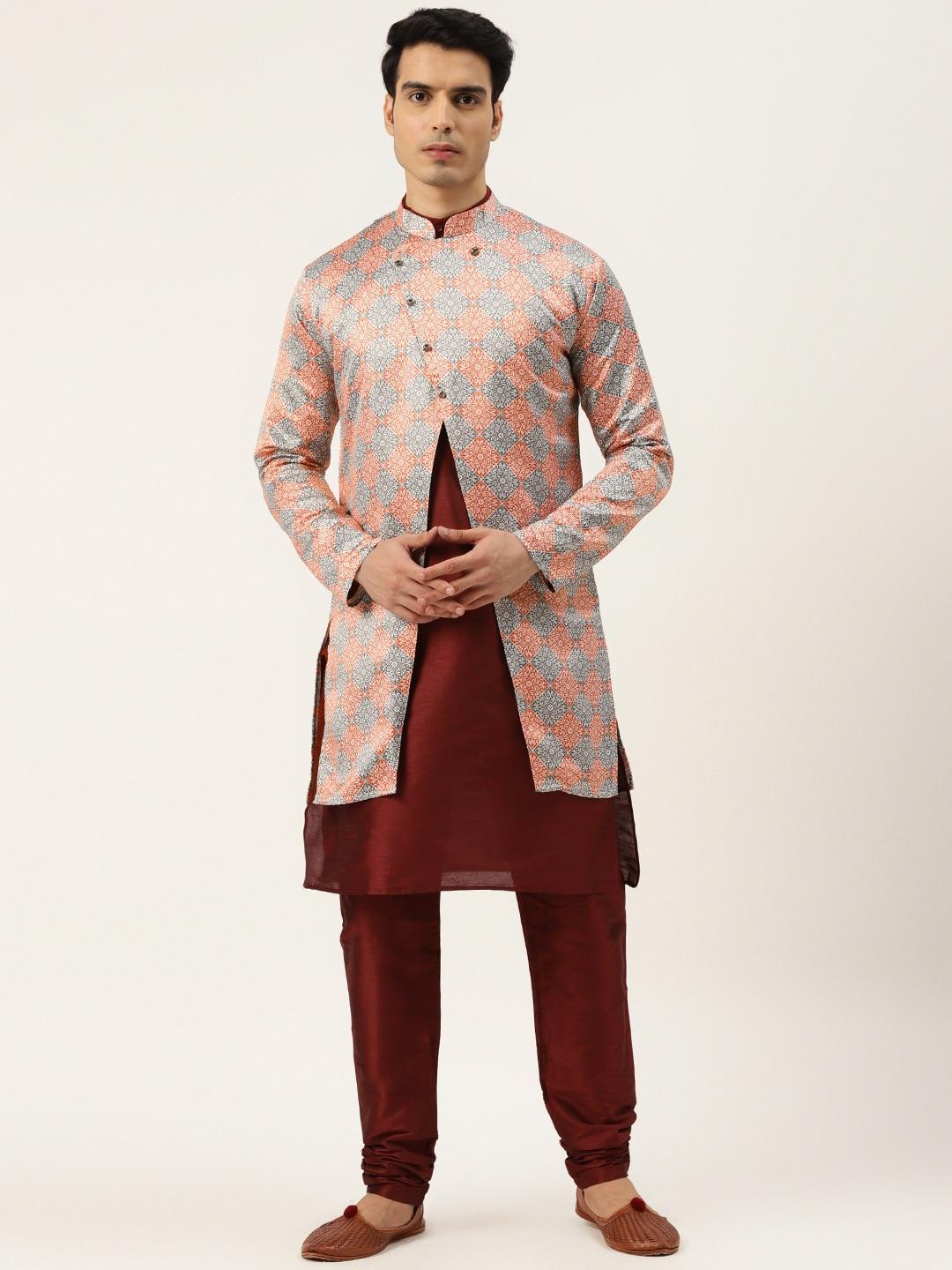 sojanya men maroon & peach printed kurta pyjama & sherwani set