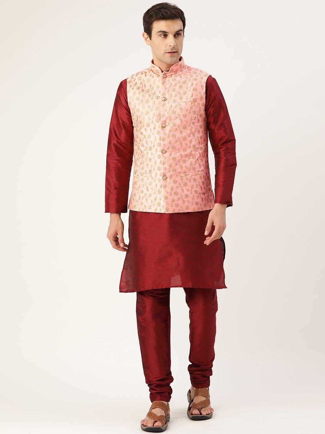 sojanya men maroon & pink solid kurta & churidar with embroidered nehru jacket