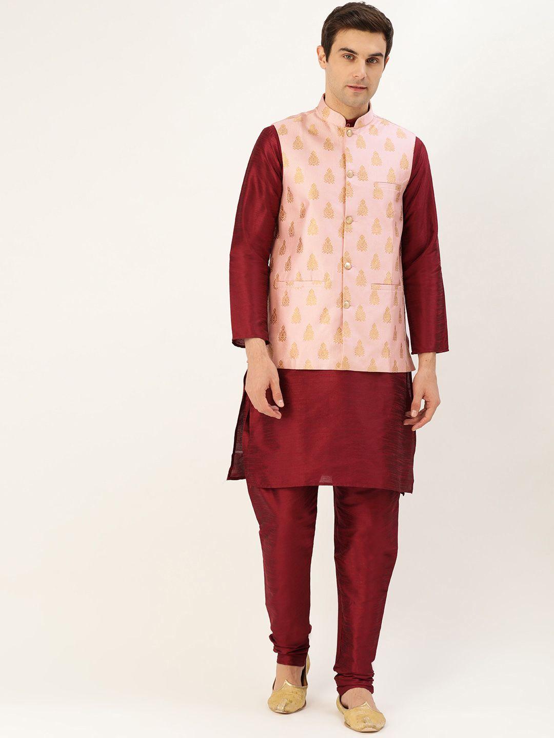 sojanya men maroon & pink solid kurta with churidar & nehru jacket