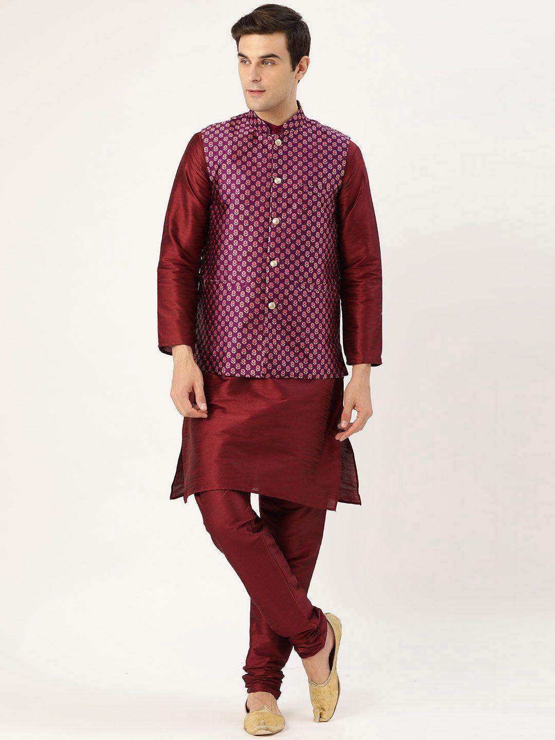 sojanya men maroon & purple solid kurta with churidar & nehru jacket