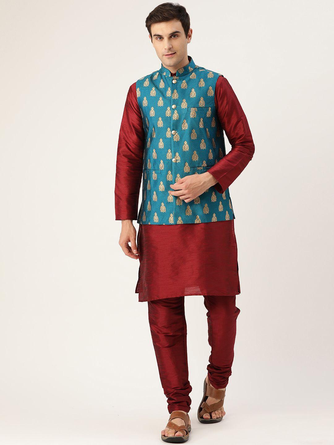 sojanya men maroon & teal blue solid kurta & churidar with woven design nehru jacket