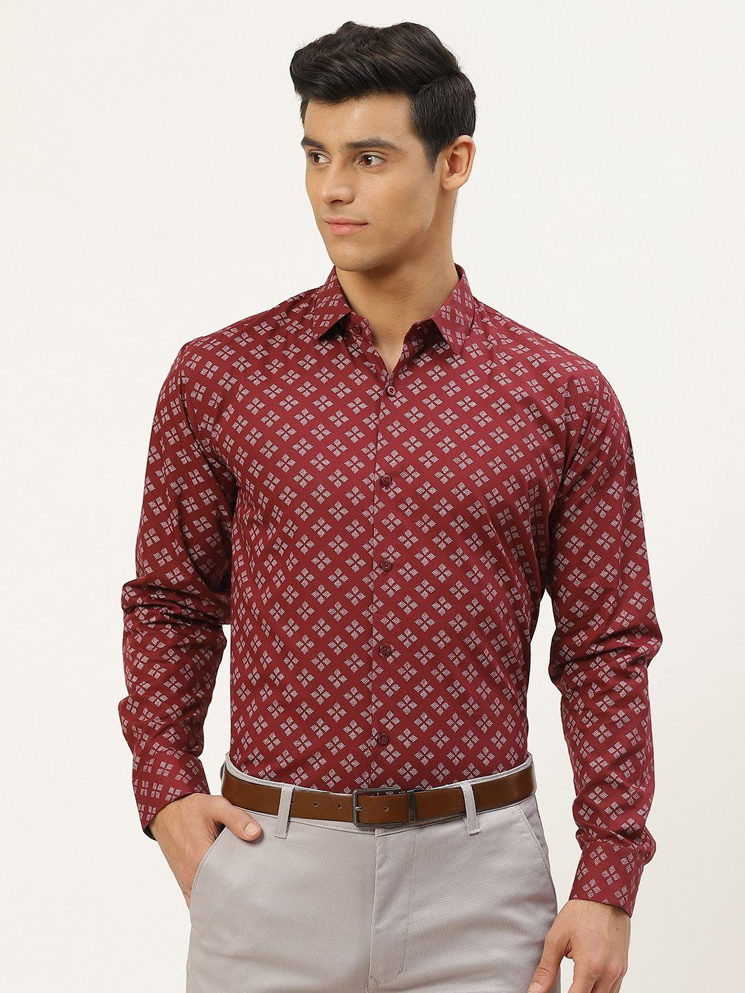 sojanya men maroon & white classic fit printed formal shirt