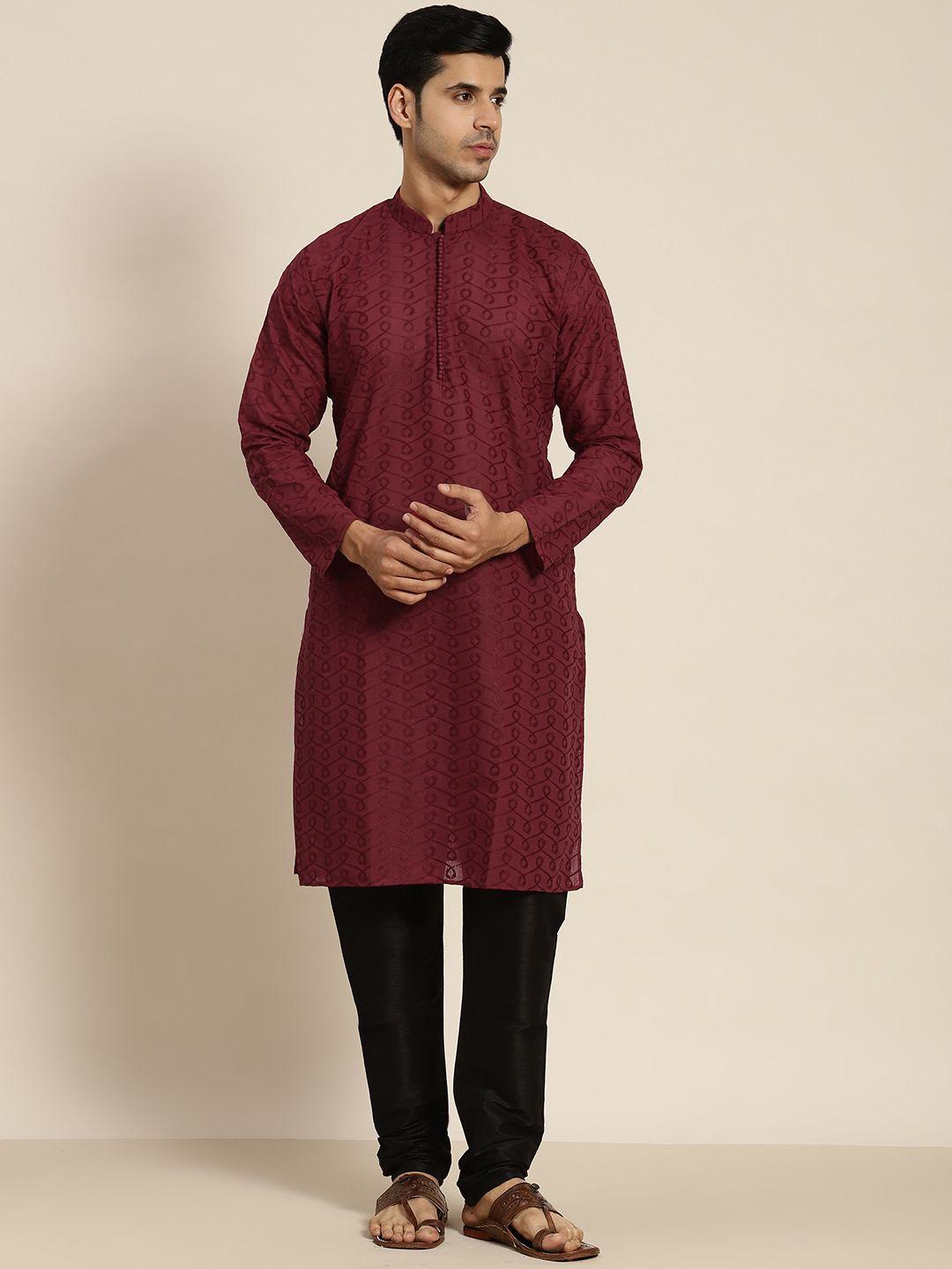 sojanya men maroon ethnic motifs embroidered chikankari cotton kurta