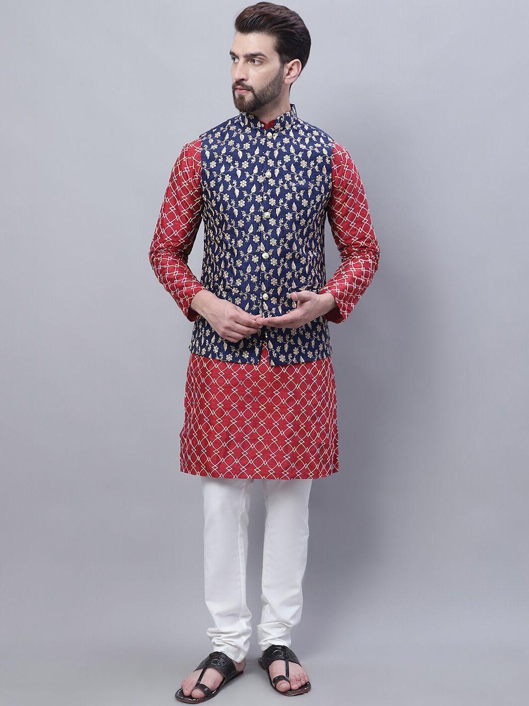 sojanya men maroon ethnic motifs embroidered regular thread work kurta with churidar