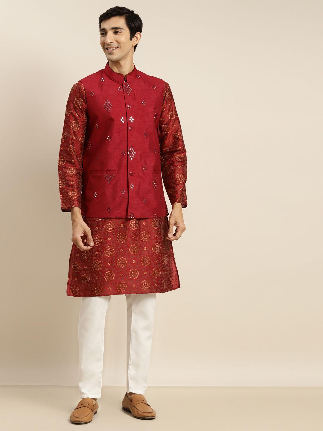 sojanya men maroon ethnic motifs printed kurta & churidar comes with a nehru jacket