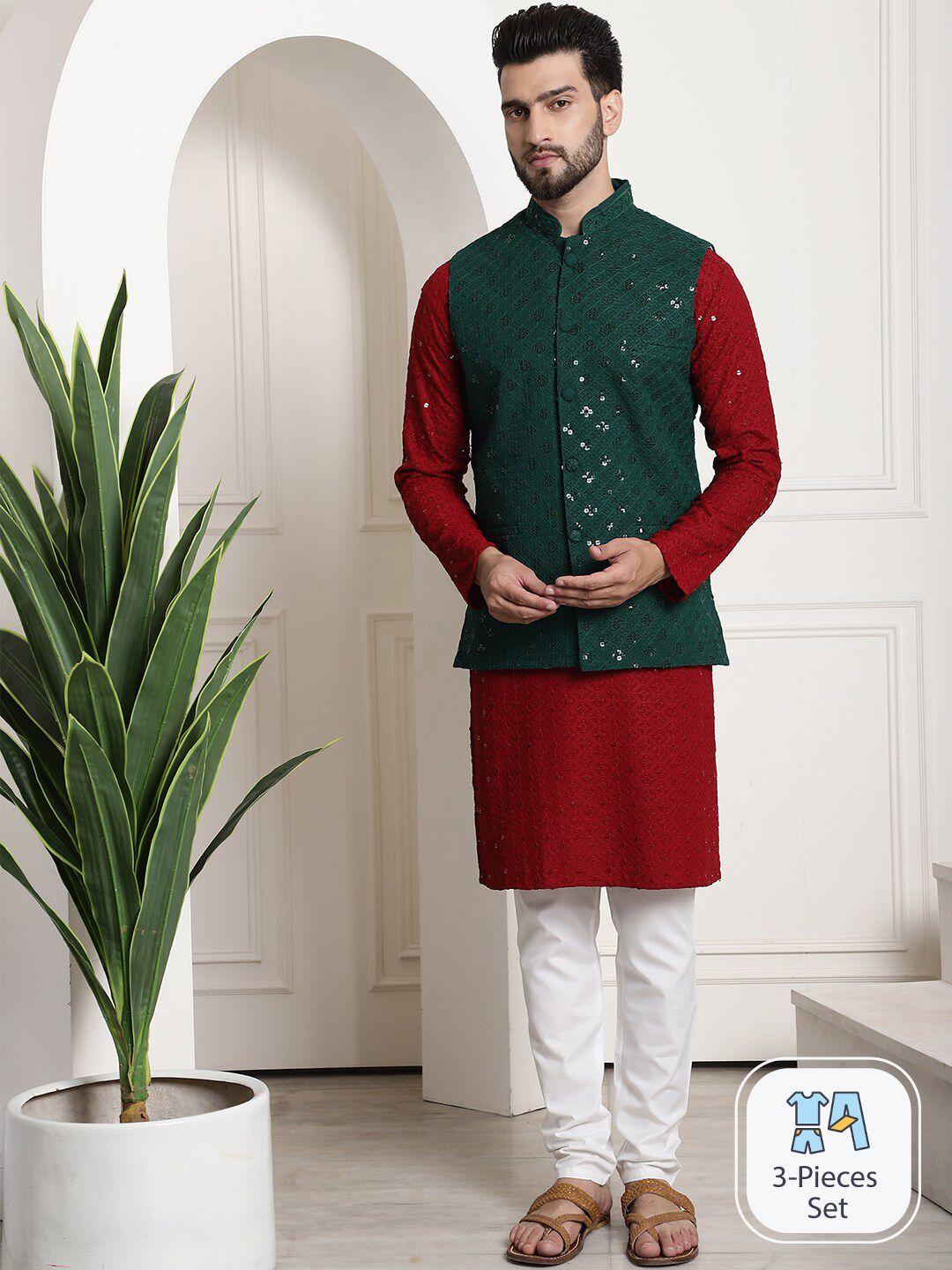 sojanya men maroon floral embroidered regular sequinned pure cotton kurta with churidar