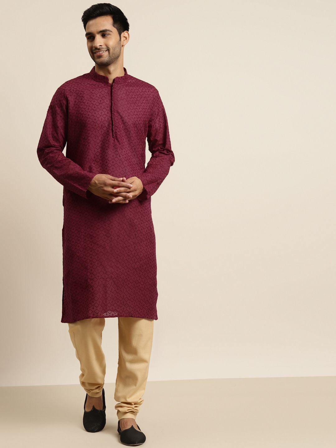 sojanya men maroon pure cotton embroidered kurta