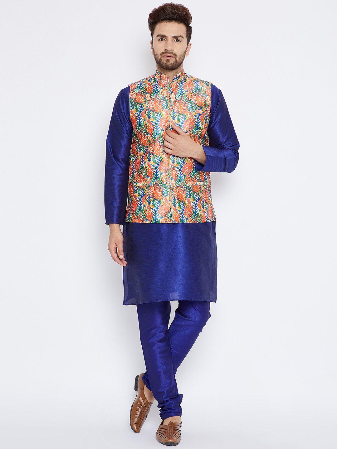 sojanya men multicoloured & blue solid kurta with churidar & nehru jacket