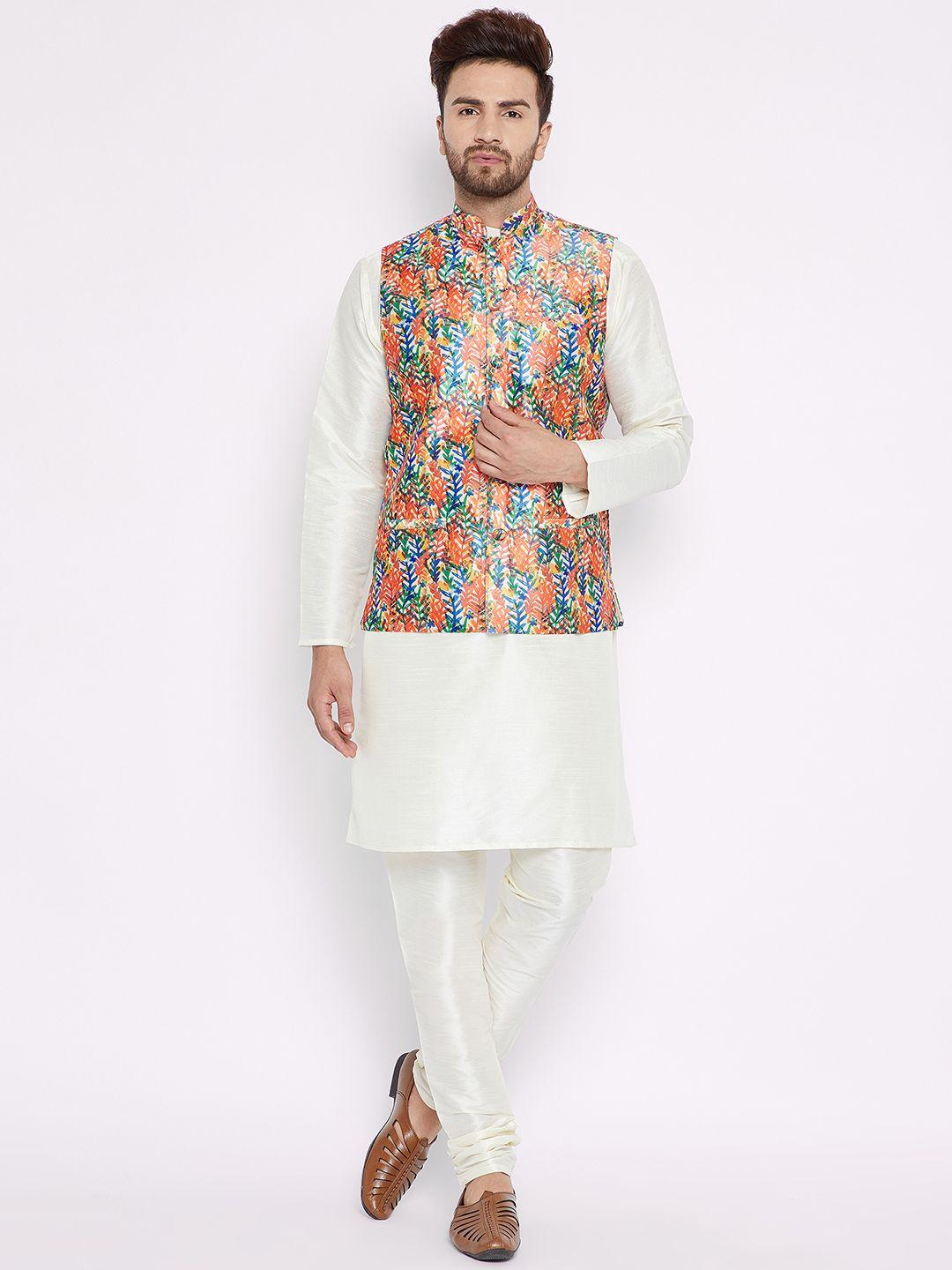 sojanya men multicoloured & white solid kurta with churidar & nehru jacket