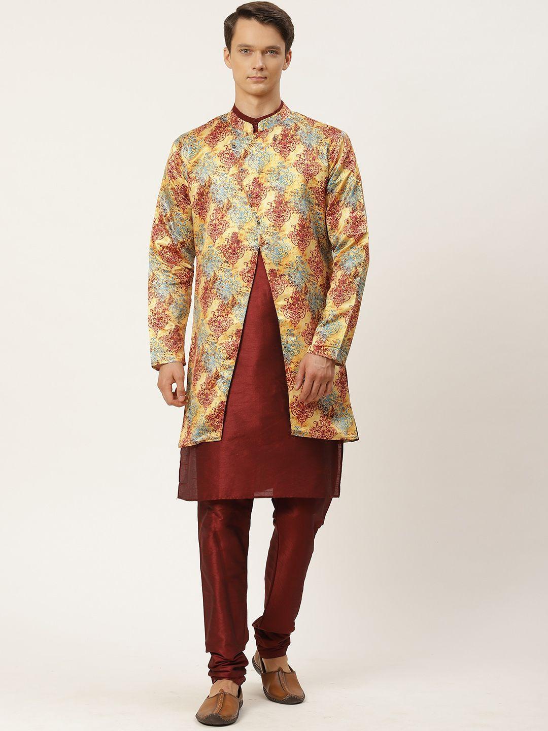 sojanya men mustard ethnic motifs printed kurta with churidar