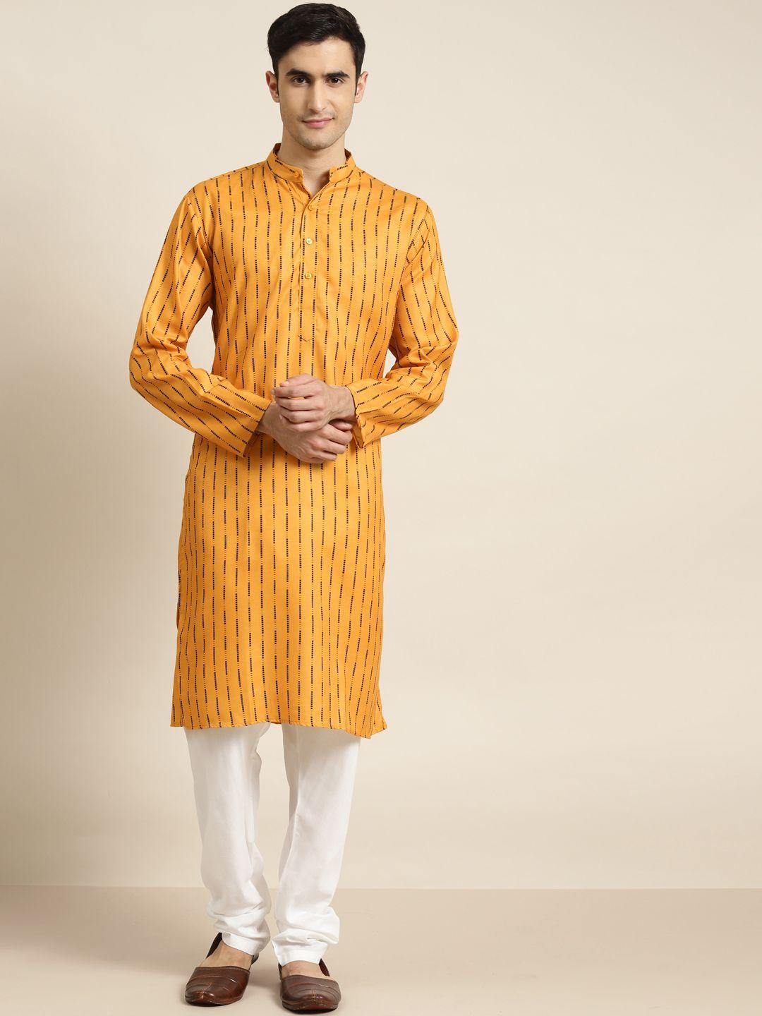 sojanya men mustard yellow & black printed kurta with churidar