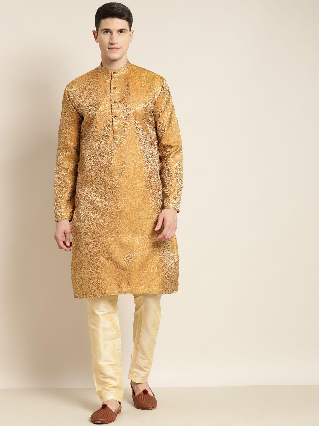 sojanya men mustard yellow & golden ethnic motifs kurta