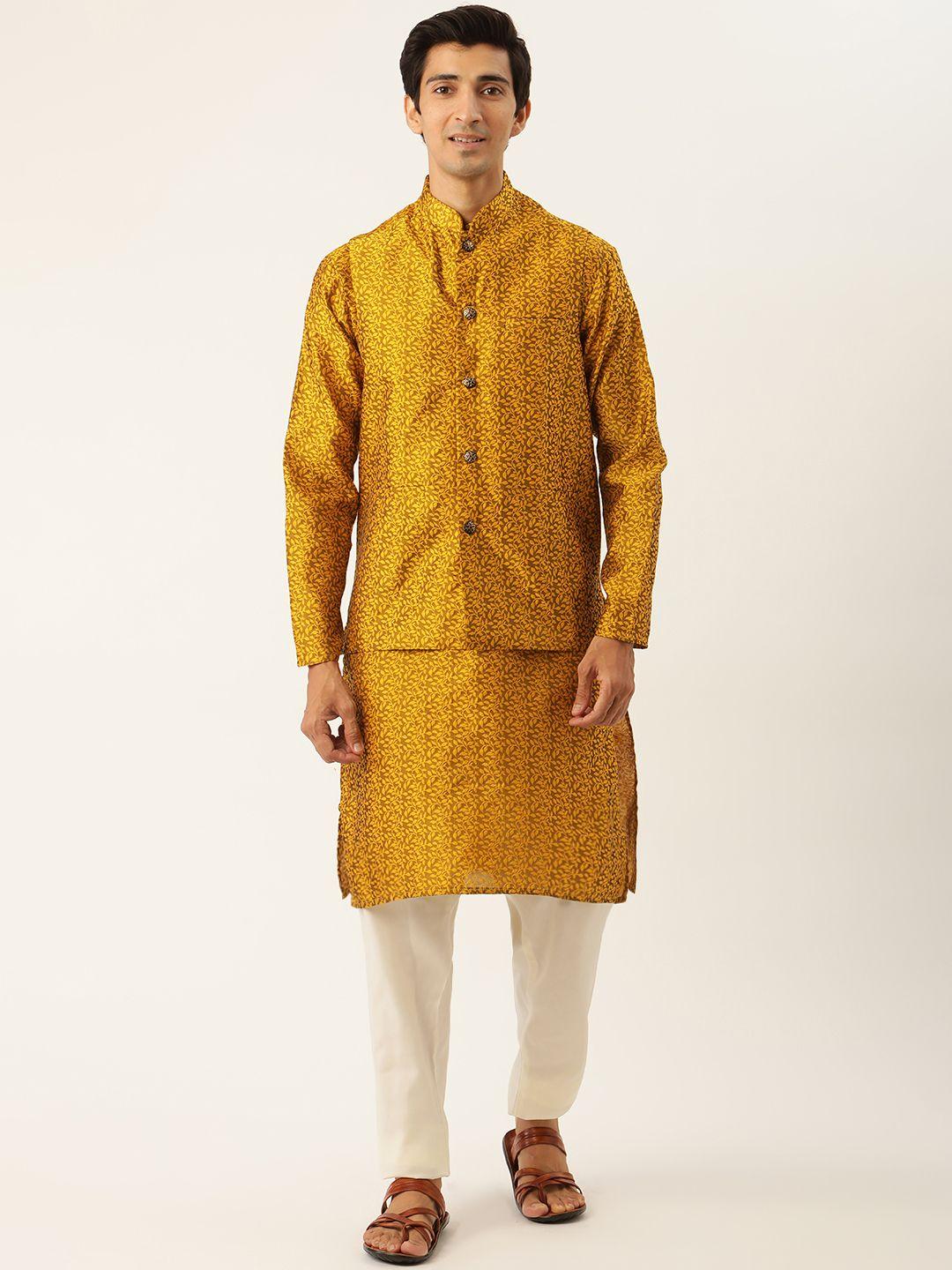 sojanya men mustard yellow & white woven design kurta with pyjamas & nehru jacket