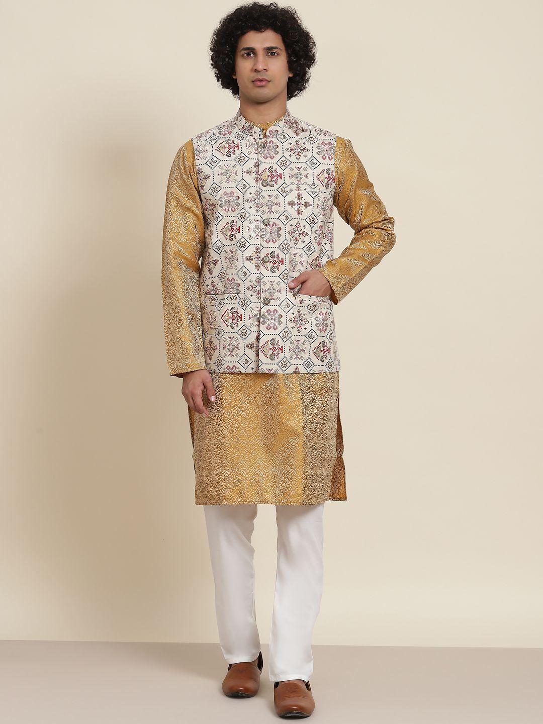 sojanya men mustard yellow ethnic motifs kurta with pyjamas & nehru jacket