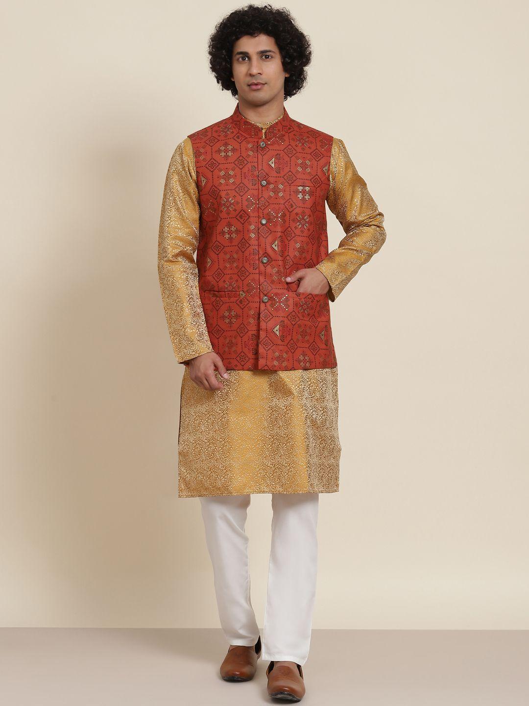 sojanya men mustard yellow ethnic motifs kurta with pyjamas & nehru jacket