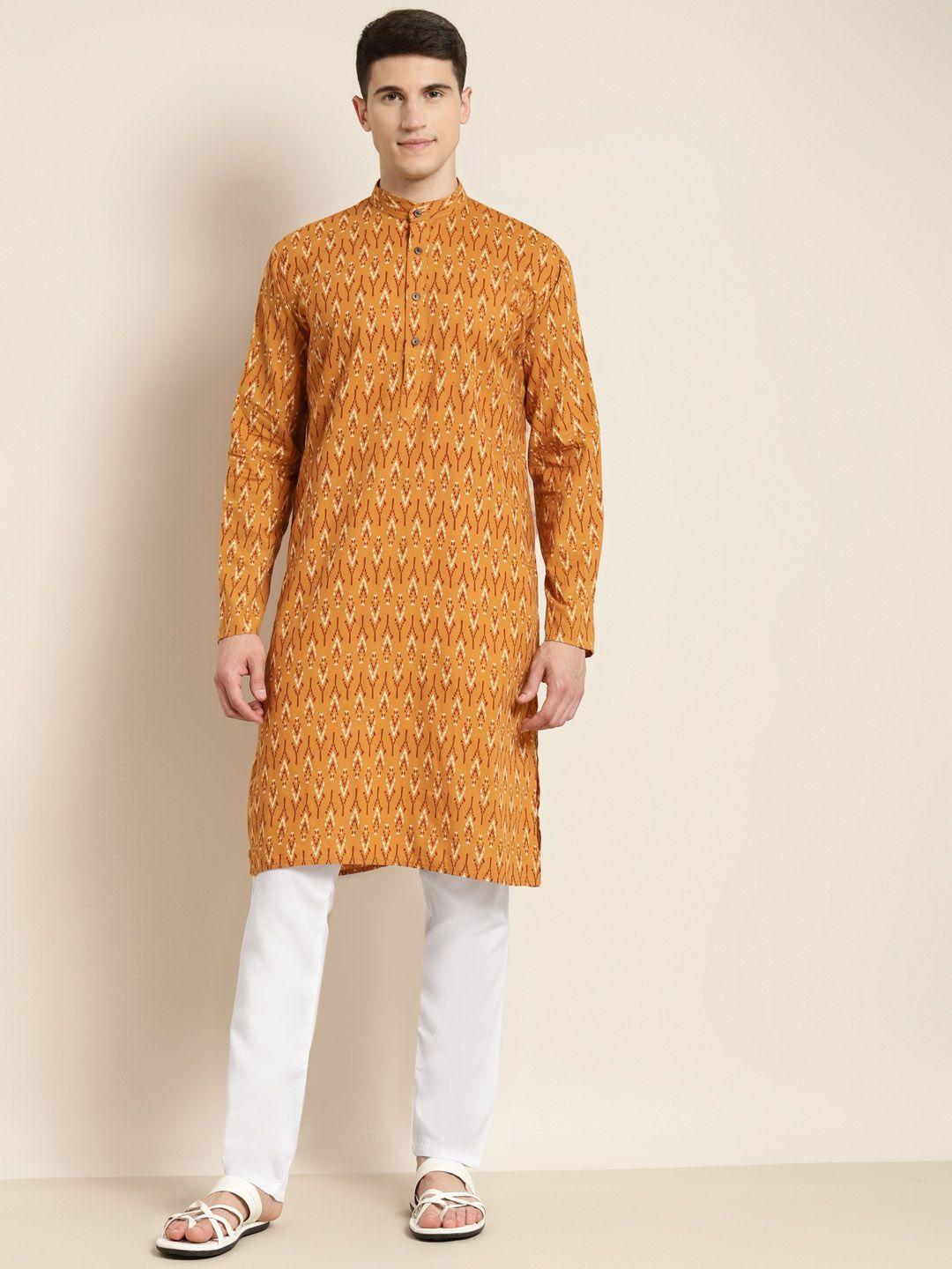 sojanya men mustard yellow ethnic motifs printed pure cotton kurta with churidar