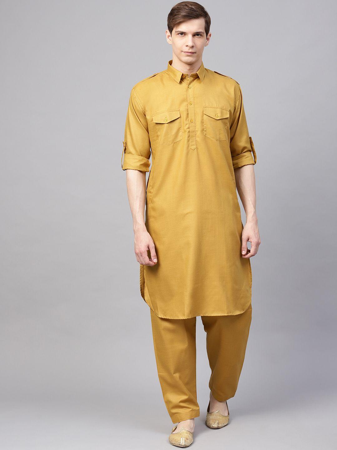 sojanya men mustard yellow solid pathani kurta with salwar