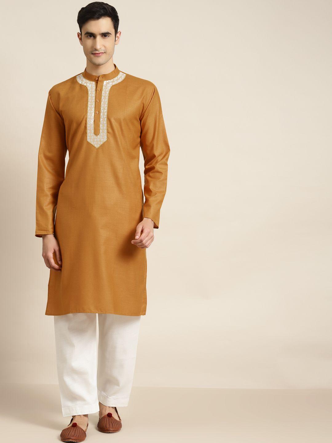 sojanya men mustard yellow solid pure cotton straight kurta with embroidered detail