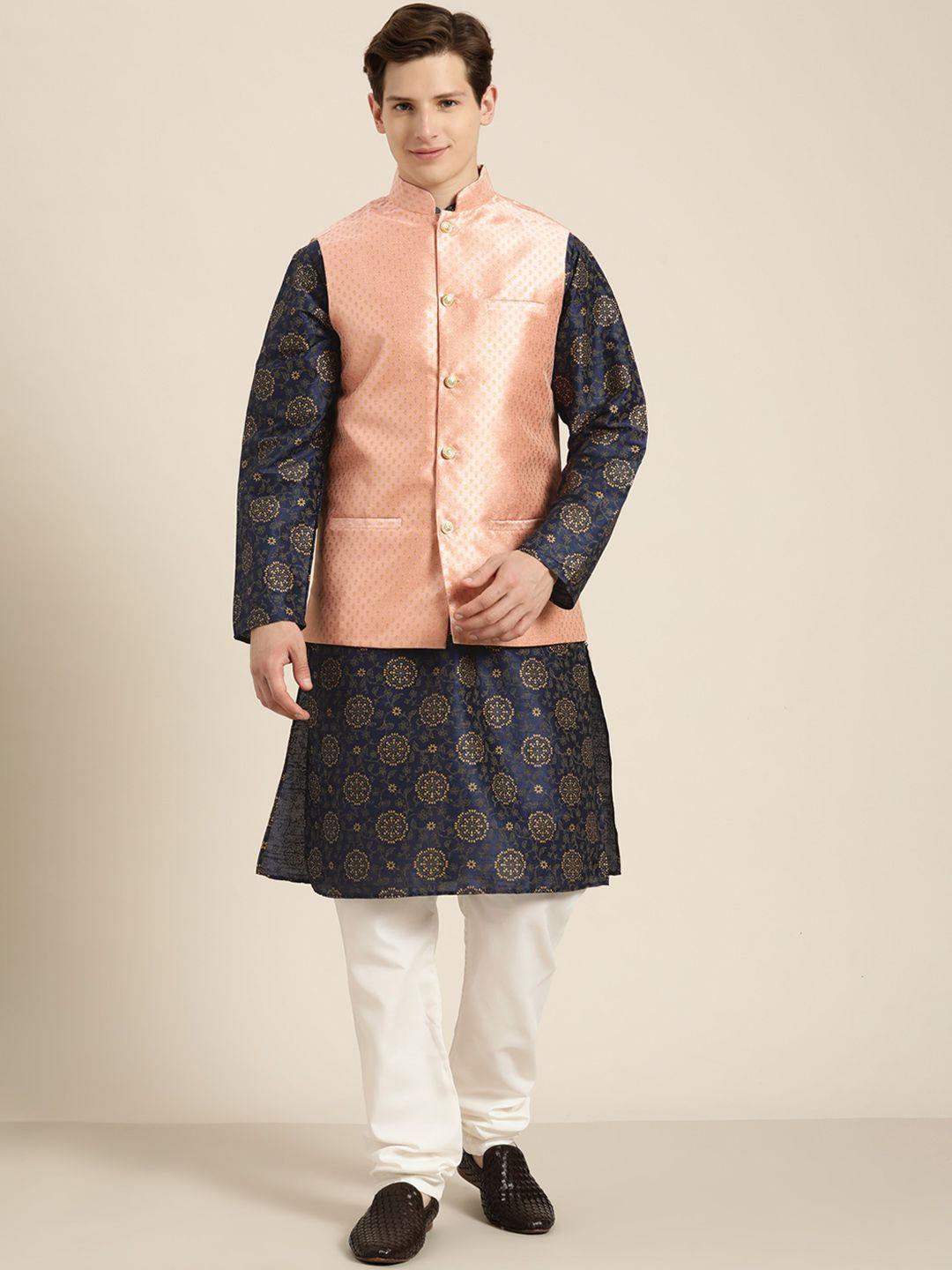 sojanya men navy blue & gold floral straight kurta churidar & woven design nehru jacket