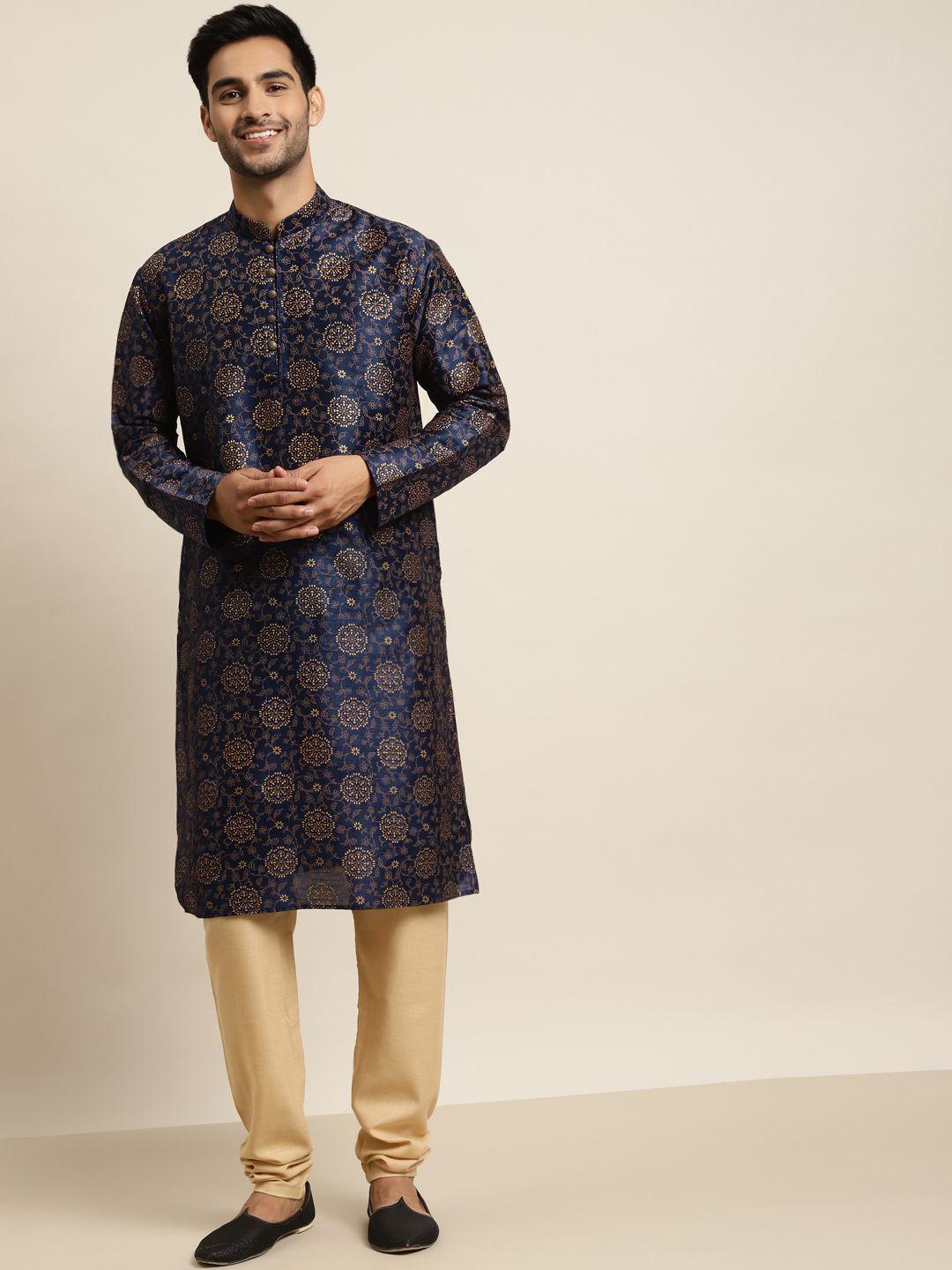 sojanya men navy blue & golden ethnic motifs printed indigo kurta