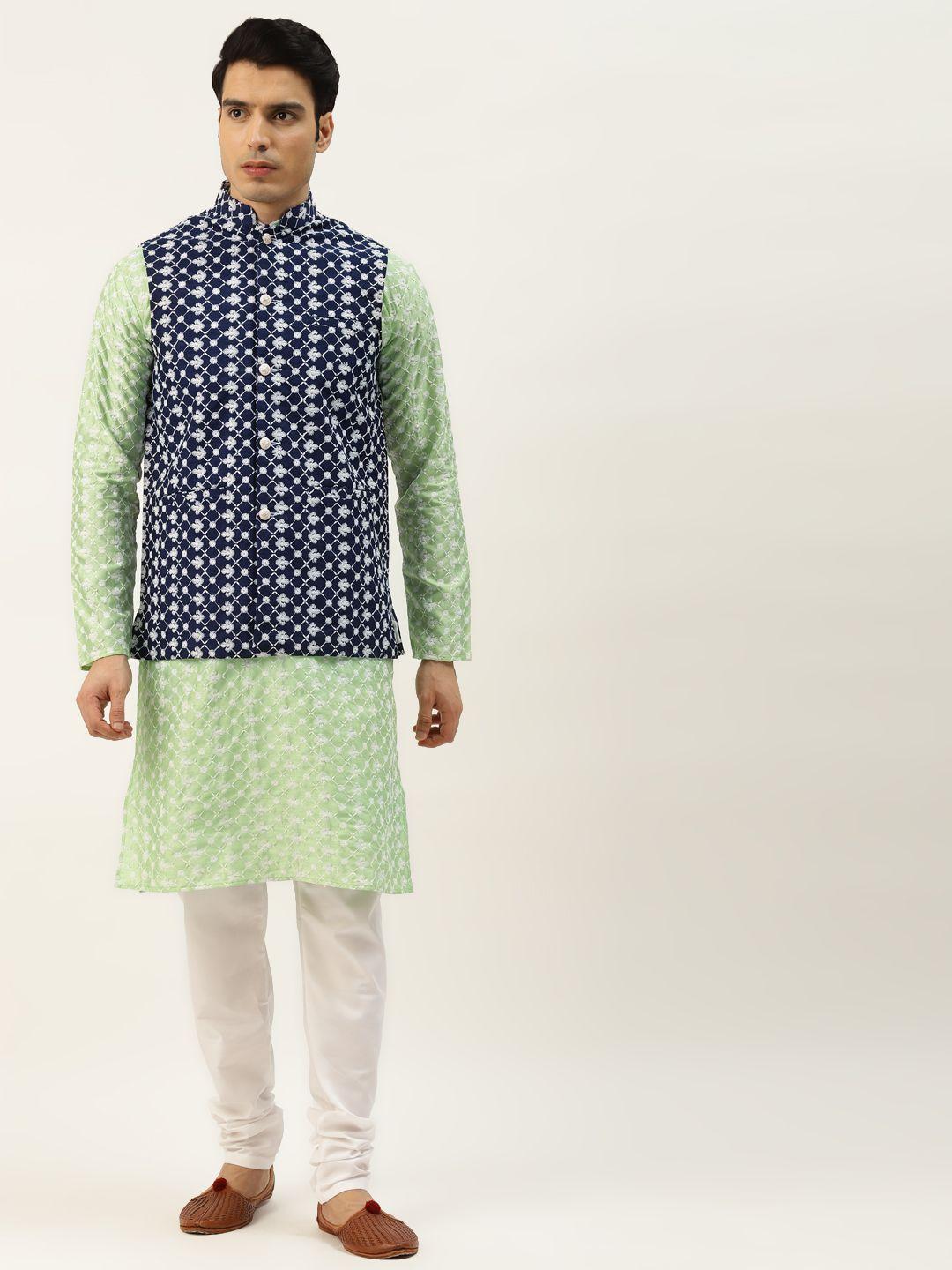 sojanya men navy blue & green ethnic motifs embroidered kurta with churidar