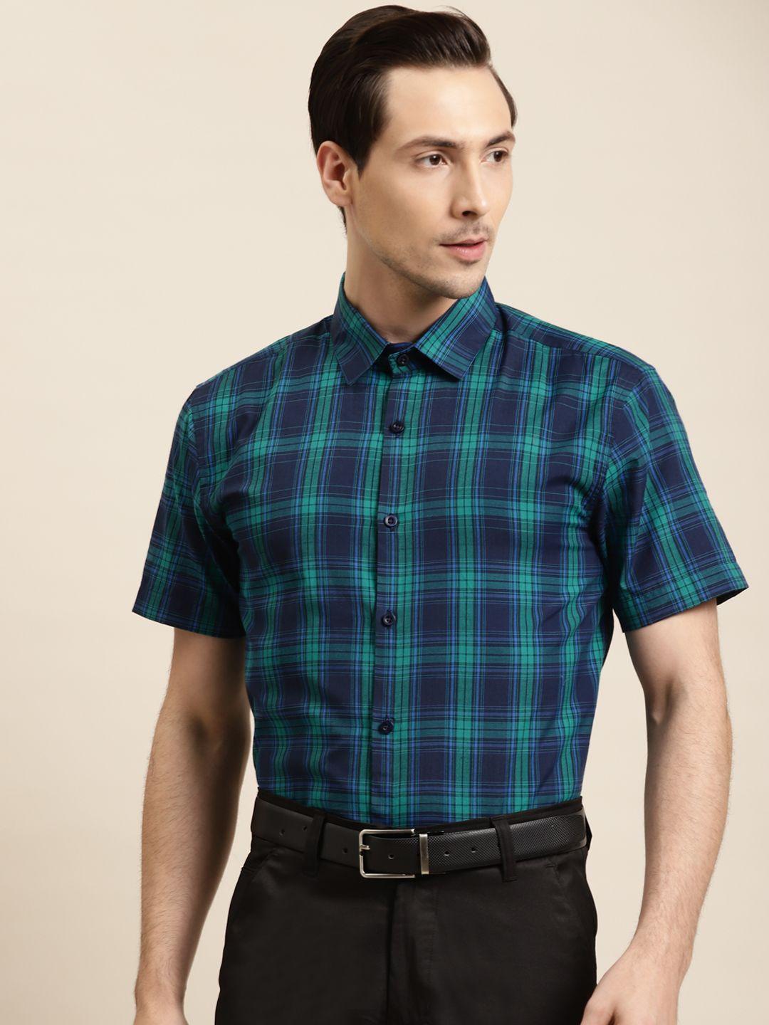 sojanya men navy blue & green pure cotton regular fit checked formal shirt