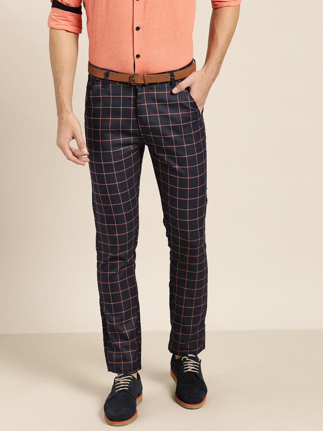 sojanya men navy blue & peach-coloured smart regular fit checked formal trousers