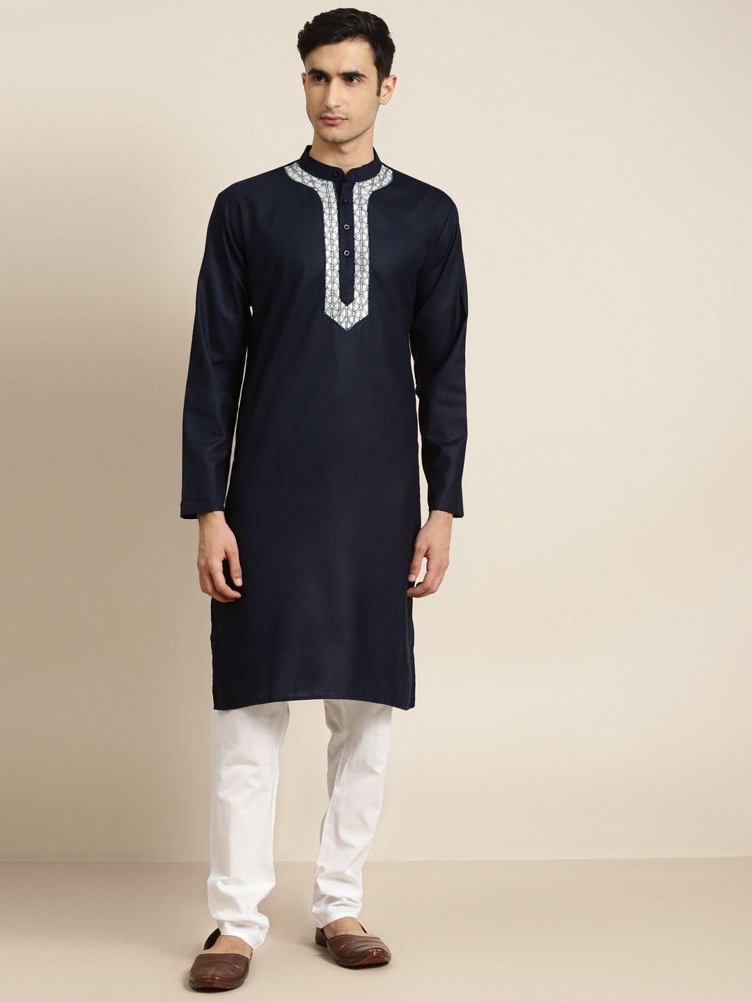 sojanya men navy blue & silver yoke design straight cotton kurta with pyjamas