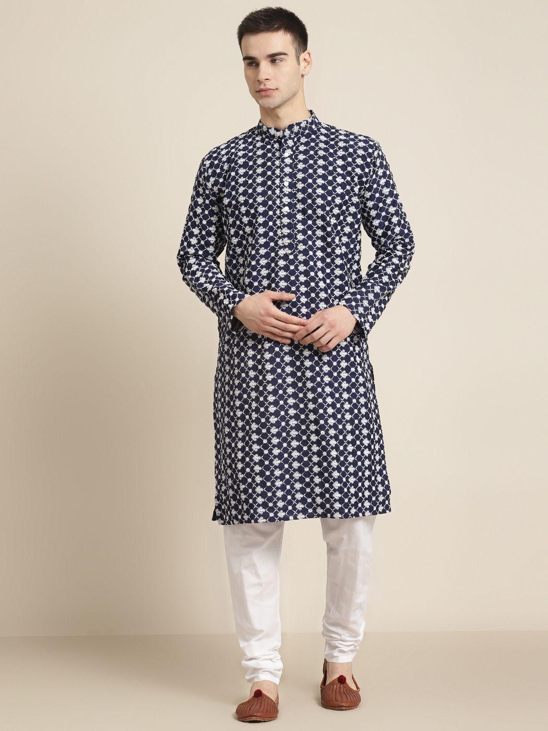 sojanya men navy blue & white ethnic motifs embroidered kurta