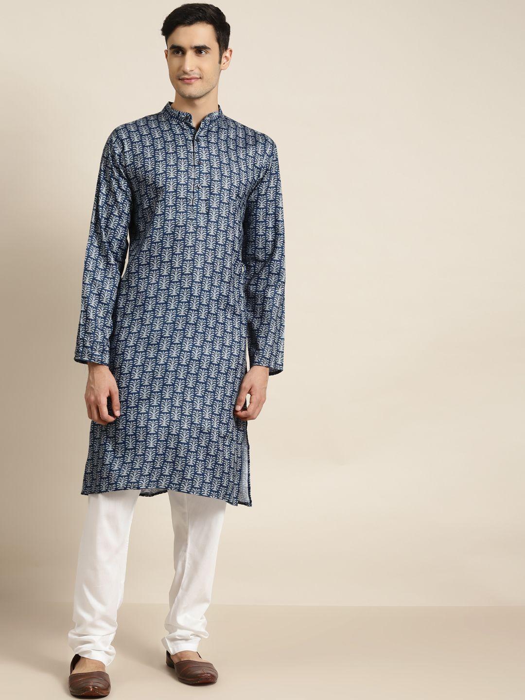 sojanya men navy blue & white ethnic motifs printed pure cotton kurta