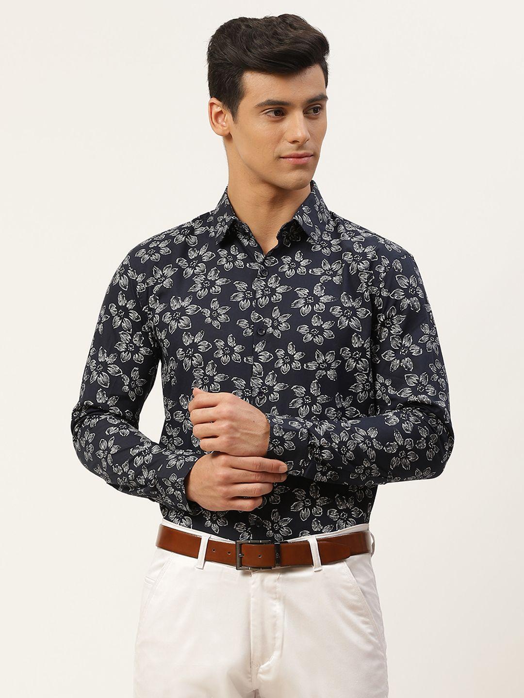 sojanya men navy blue & white floral print pure cotton classic formal shirt