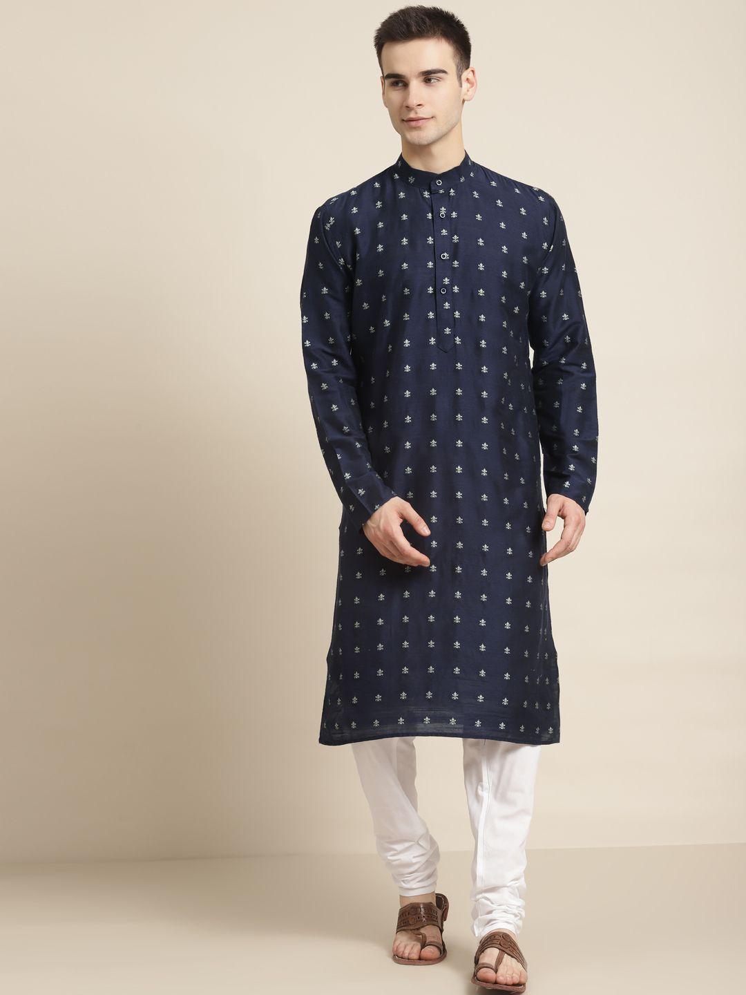 sojanya men navy blue & white self design kurta with churidar