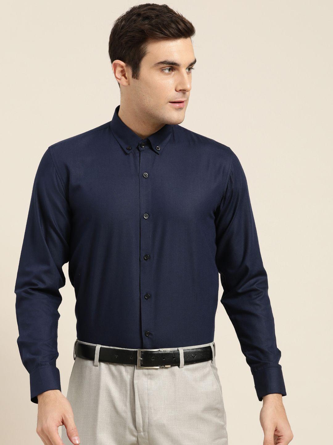 sojanya men navy blue classic regular fit solid formal shirt