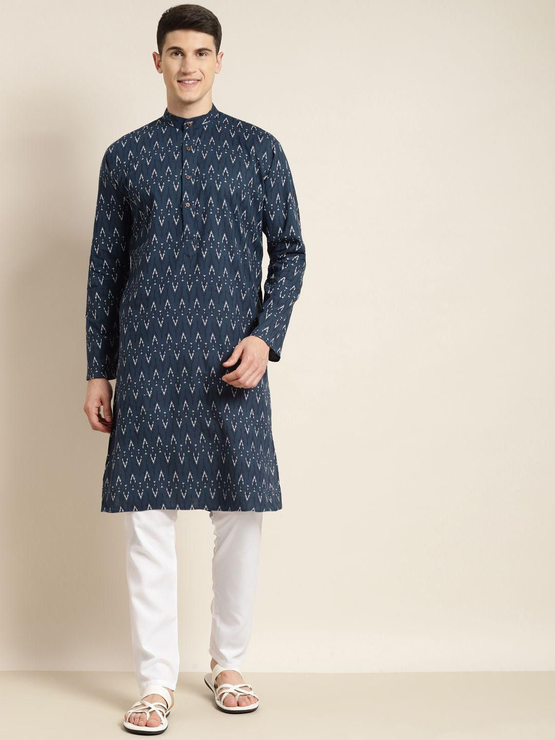 sojanya men navy blue printed pure cotton kurta with churidar