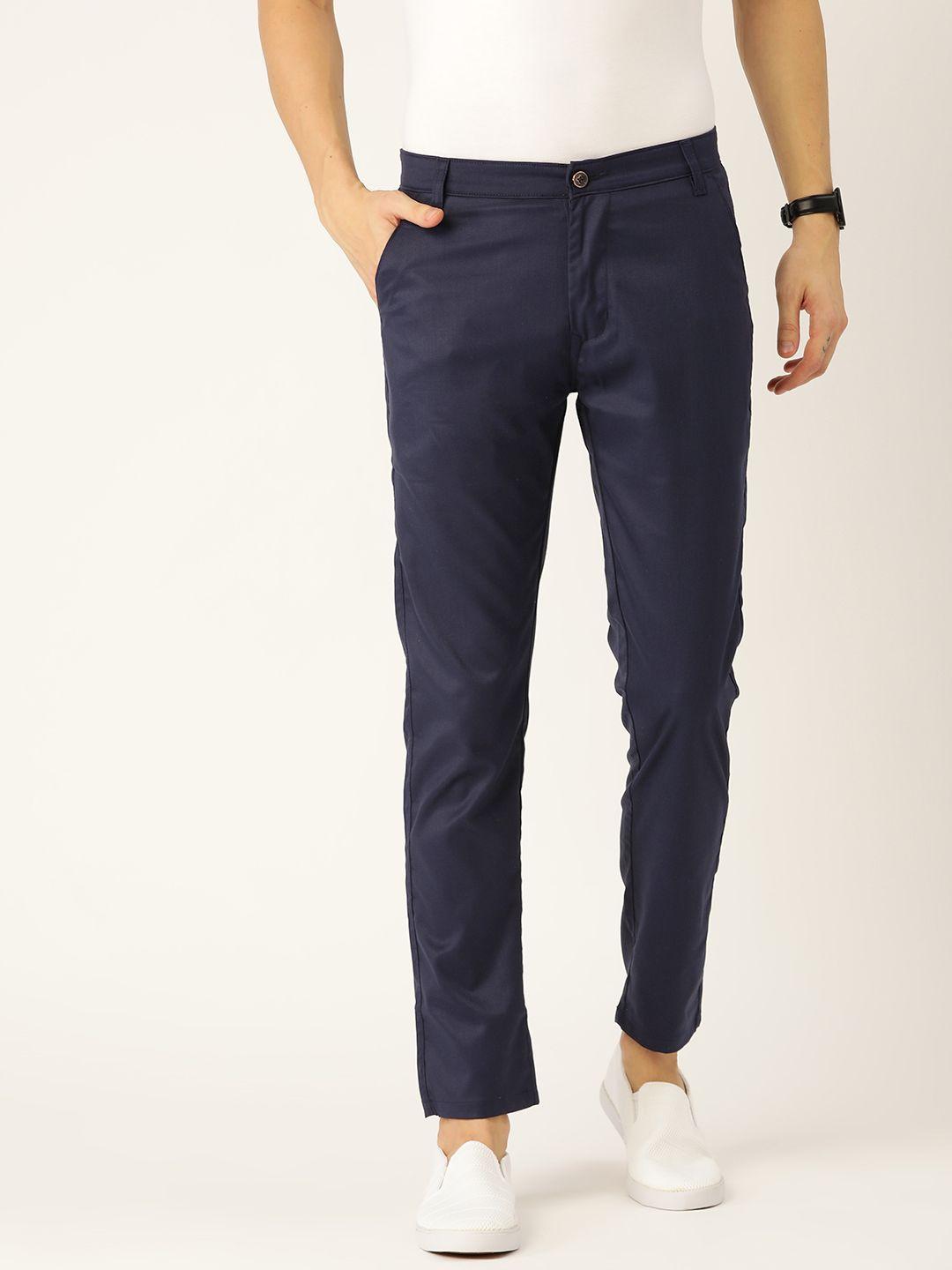 sojanya men navy blue smart regular fit solid trousers