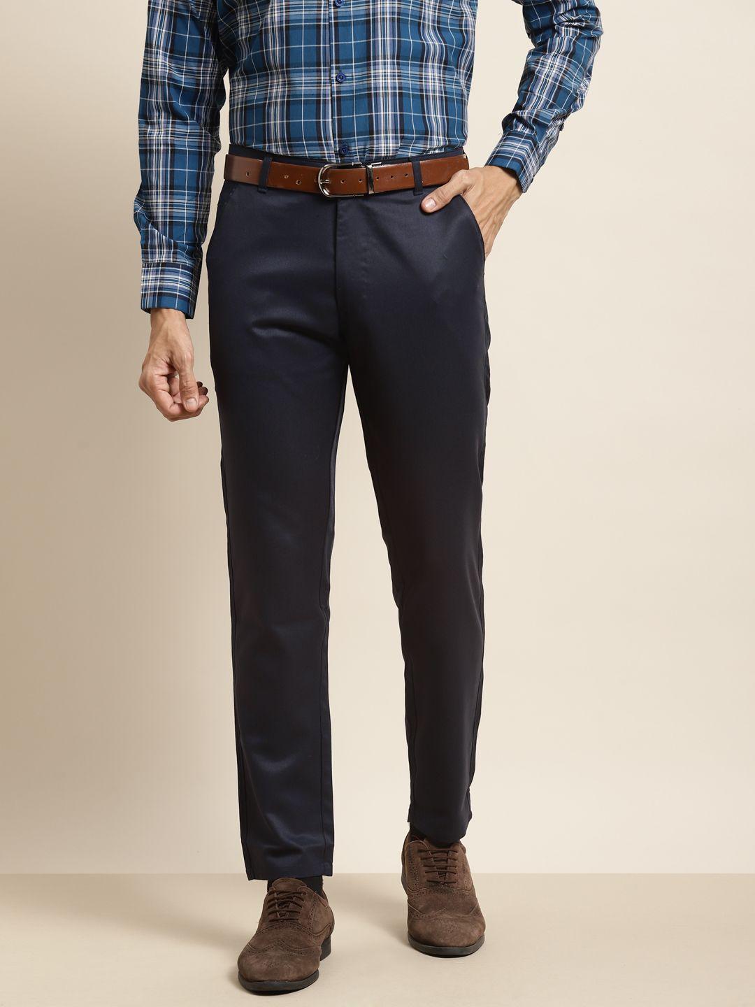 sojanya men navy blue smart slim fit formal trousers