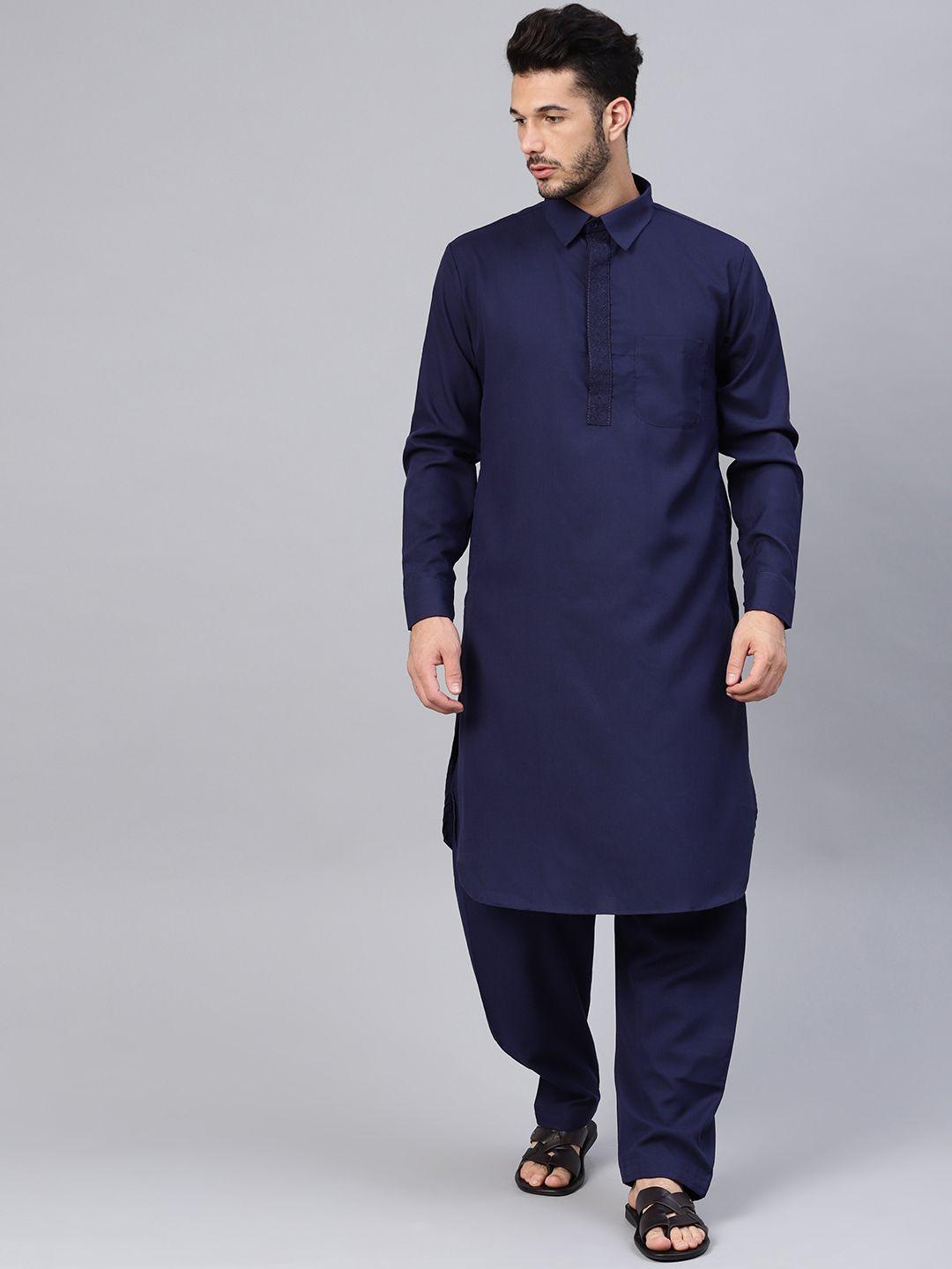 sojanya men navy blue solid pathani kurta with salwar