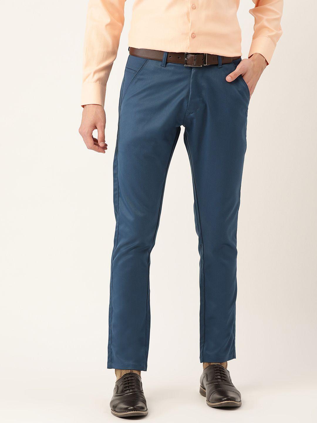 sojanya men navy blue solid smart fit formal trousers