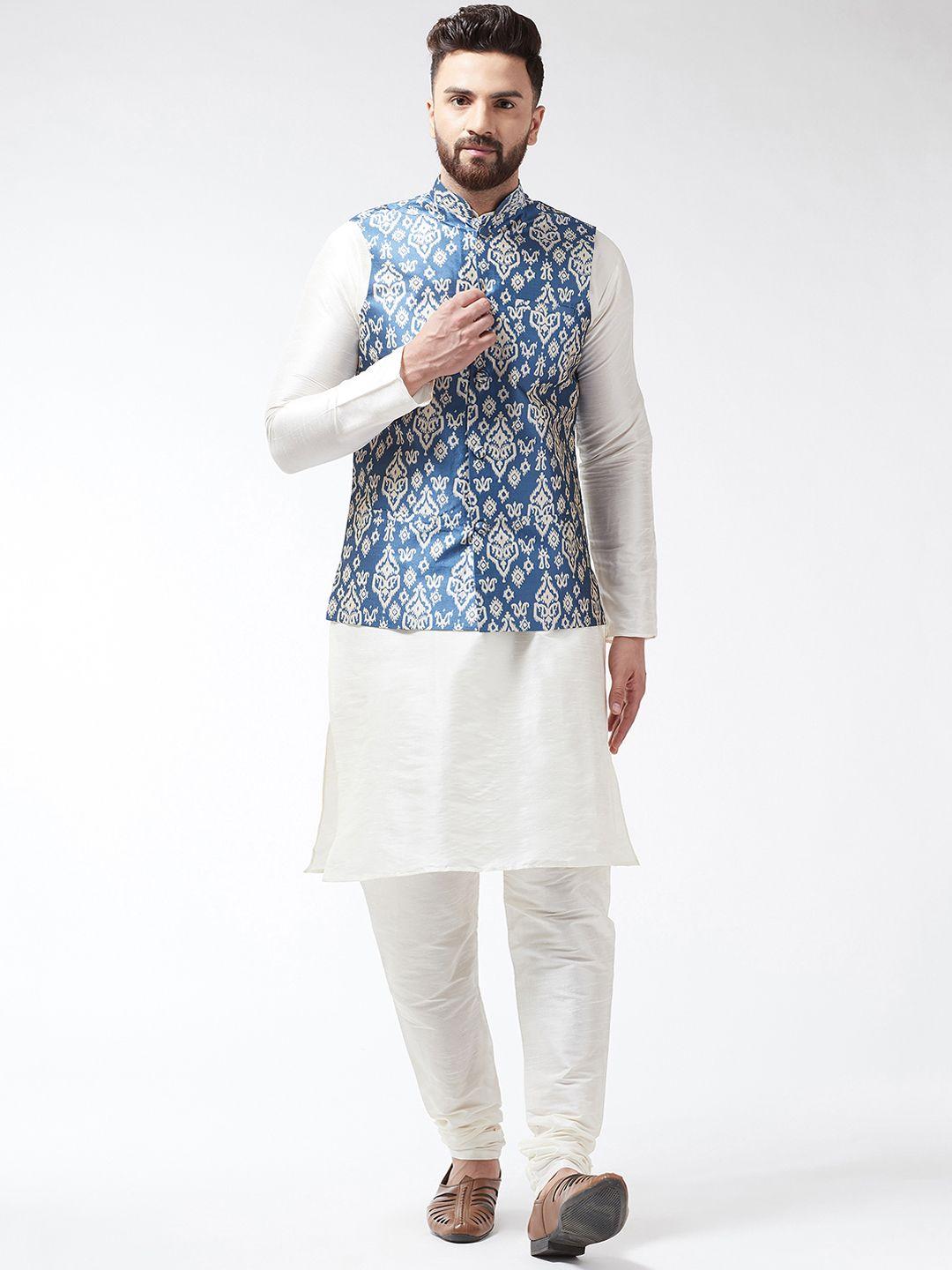 sojanya men off-white & blue solid kurta set with printed nehru jacket
