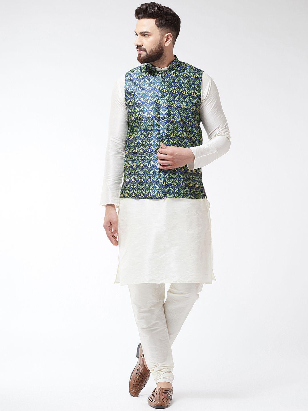 sojanya men off-white & blue solid kurta set