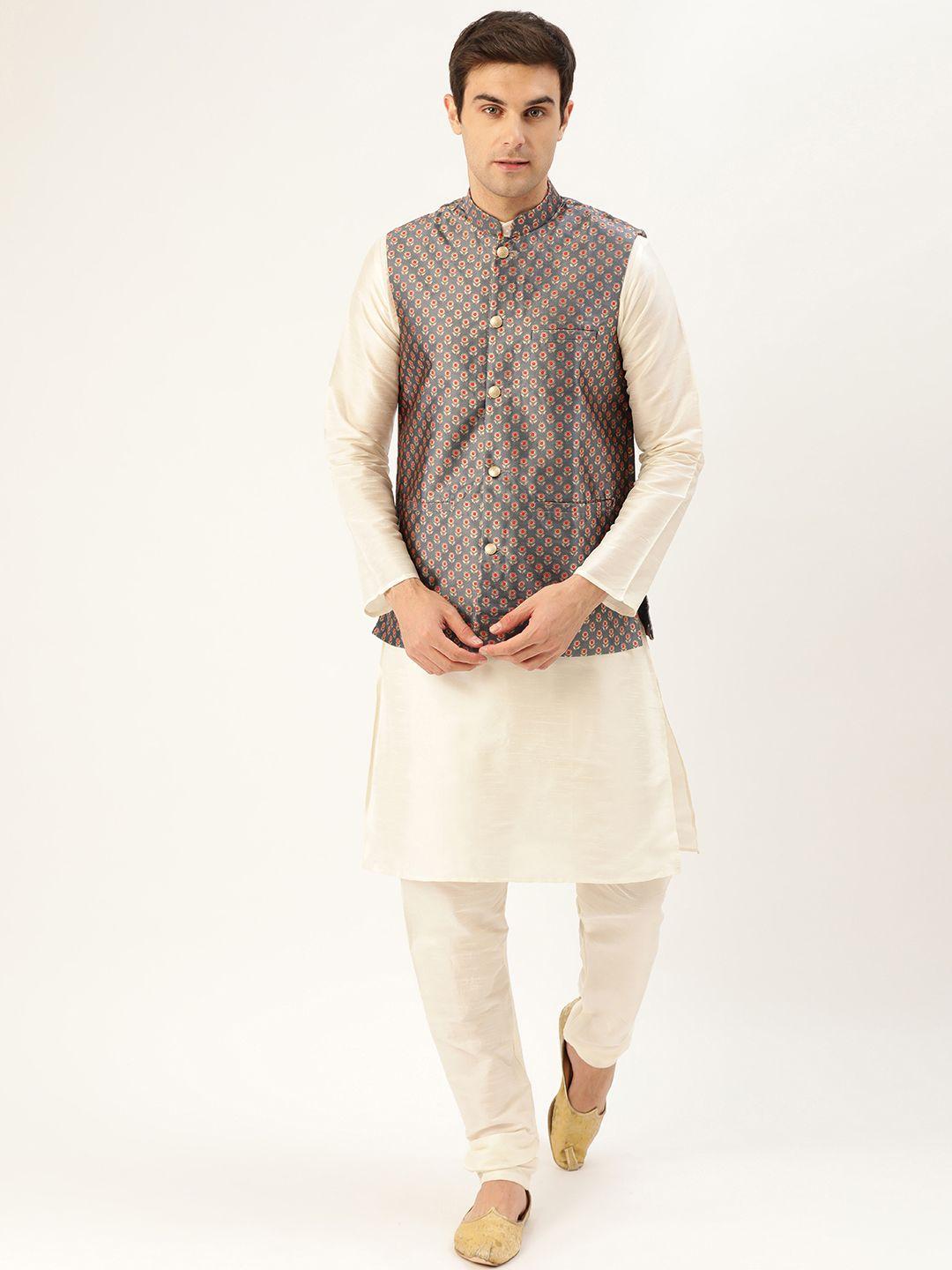 sojanya men off-white & charcoal grey solid kurta with churidar & nehru jacket